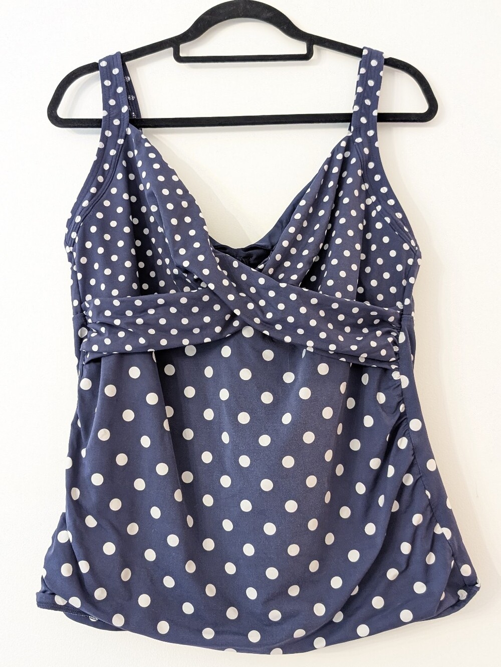 Lands' End Blue White Polka Dot Tankini Swim Top Twisted V-Neck Size 16